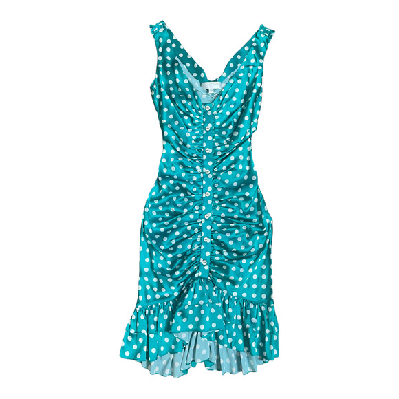 Caroline Constas Turquoise Poppy Ruched Silk Mini Polka Dot Ruffle Hem - Picture 2 of 6